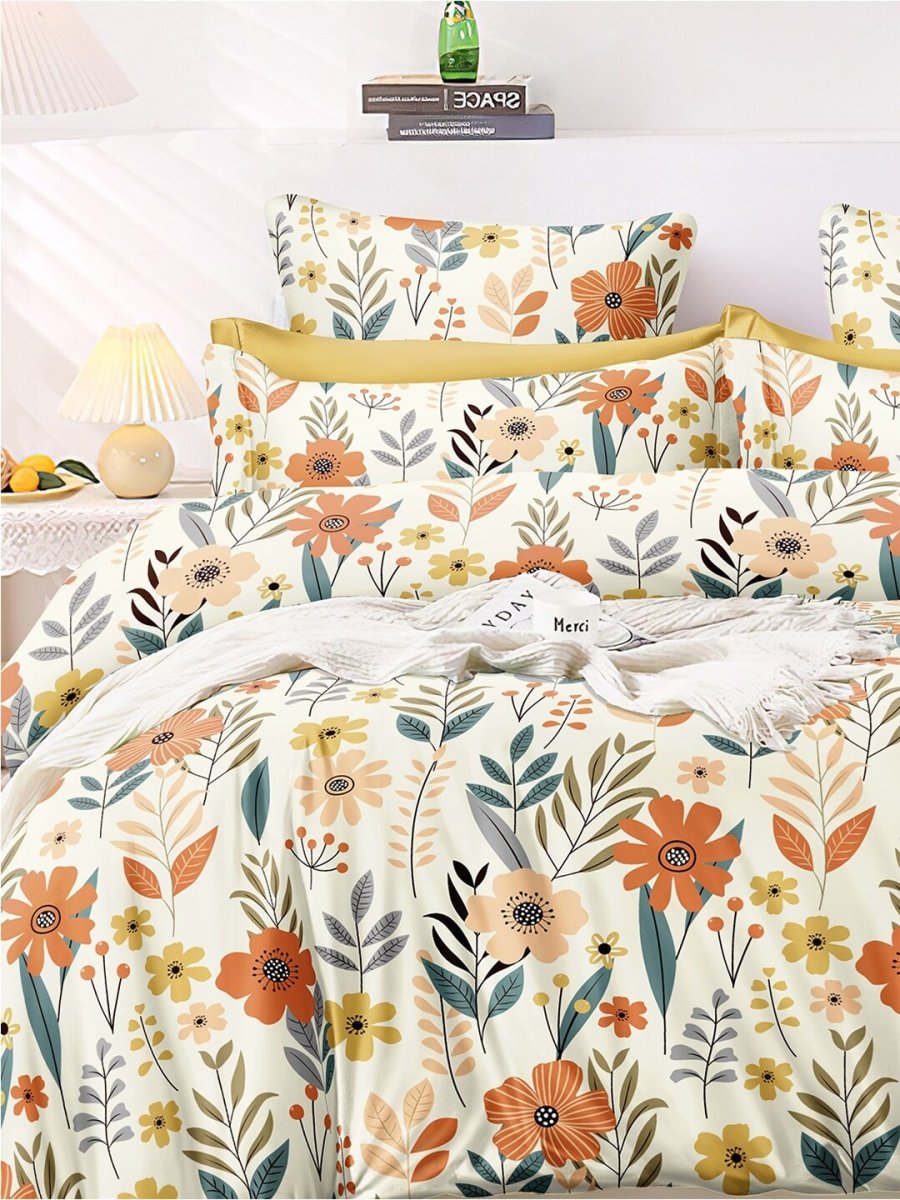 AEROHAVEN Premium Cream-Coloured Floral Cotton 300 TC King Bedsheet & 2 Pillow Covers