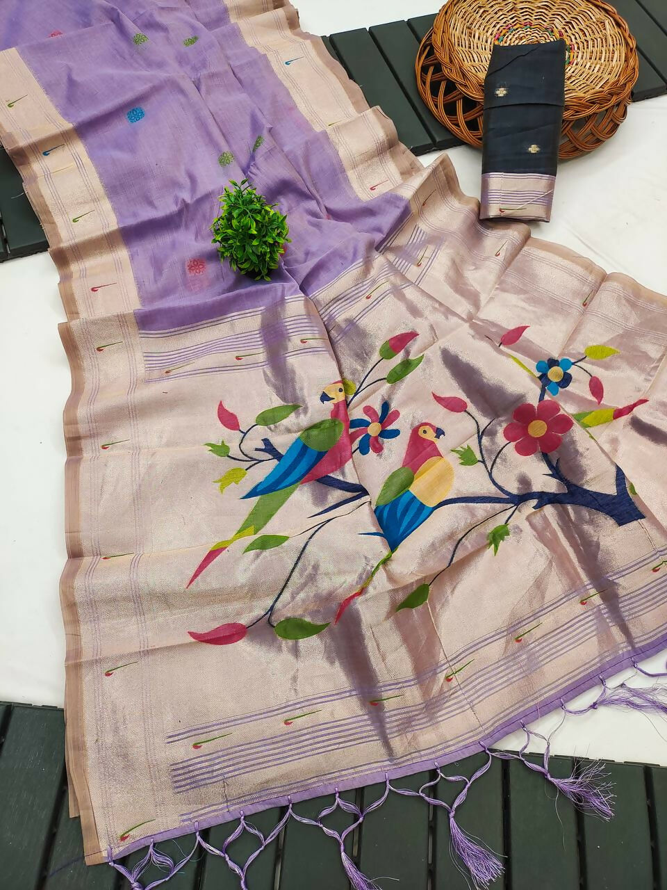 Vastranavya Lavender Muga Cotton Meenakari & Munia Weaving Pallu Saree with Contrast Blouse
