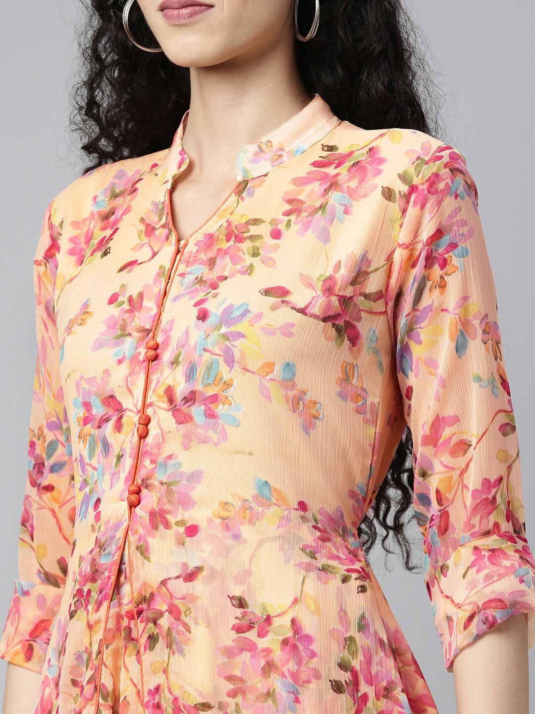 Souchii Peach-Coloured Floral Layered Chiffon A-Line Midi Dress
