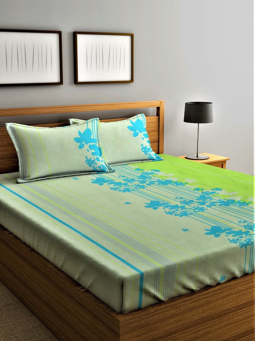 Home Sizzler Green & Blue Floral Cotton 210 TC Queen Bedsheet with 2 Pillow Covers