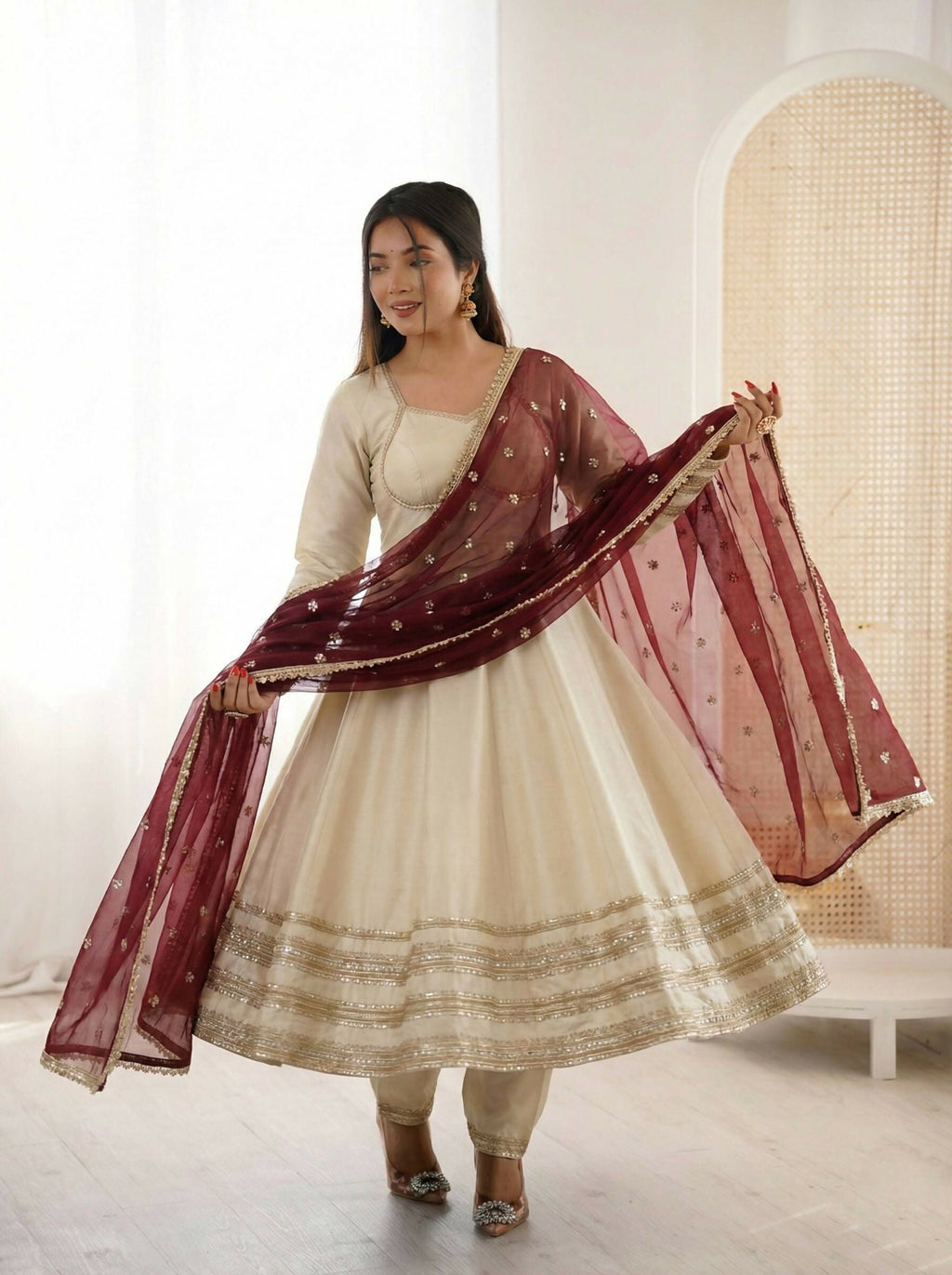 Teeya Creation Cream Cosmos Gold Lace Work Party Wear Gown