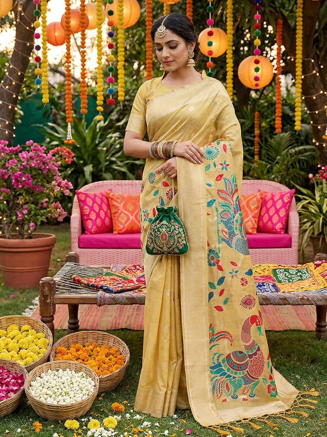 Shree Shyam Fashion Yellow Linen Cotton Saree