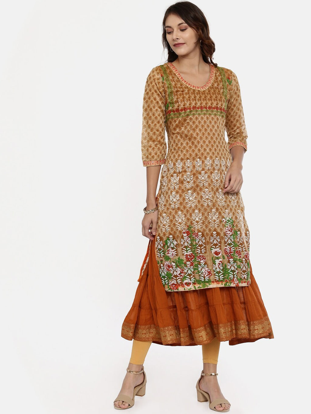 Souchii Beige & White Printed Straight Kurta