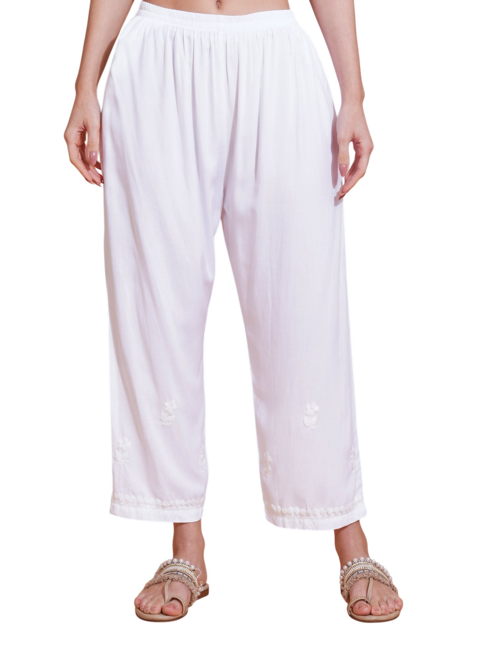 Pahnaz Luxury Rayon Chikankari Handwork Palazzo-White