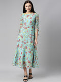 Souchii Blue Floral Printed Chiffon A-Line Midi Dress