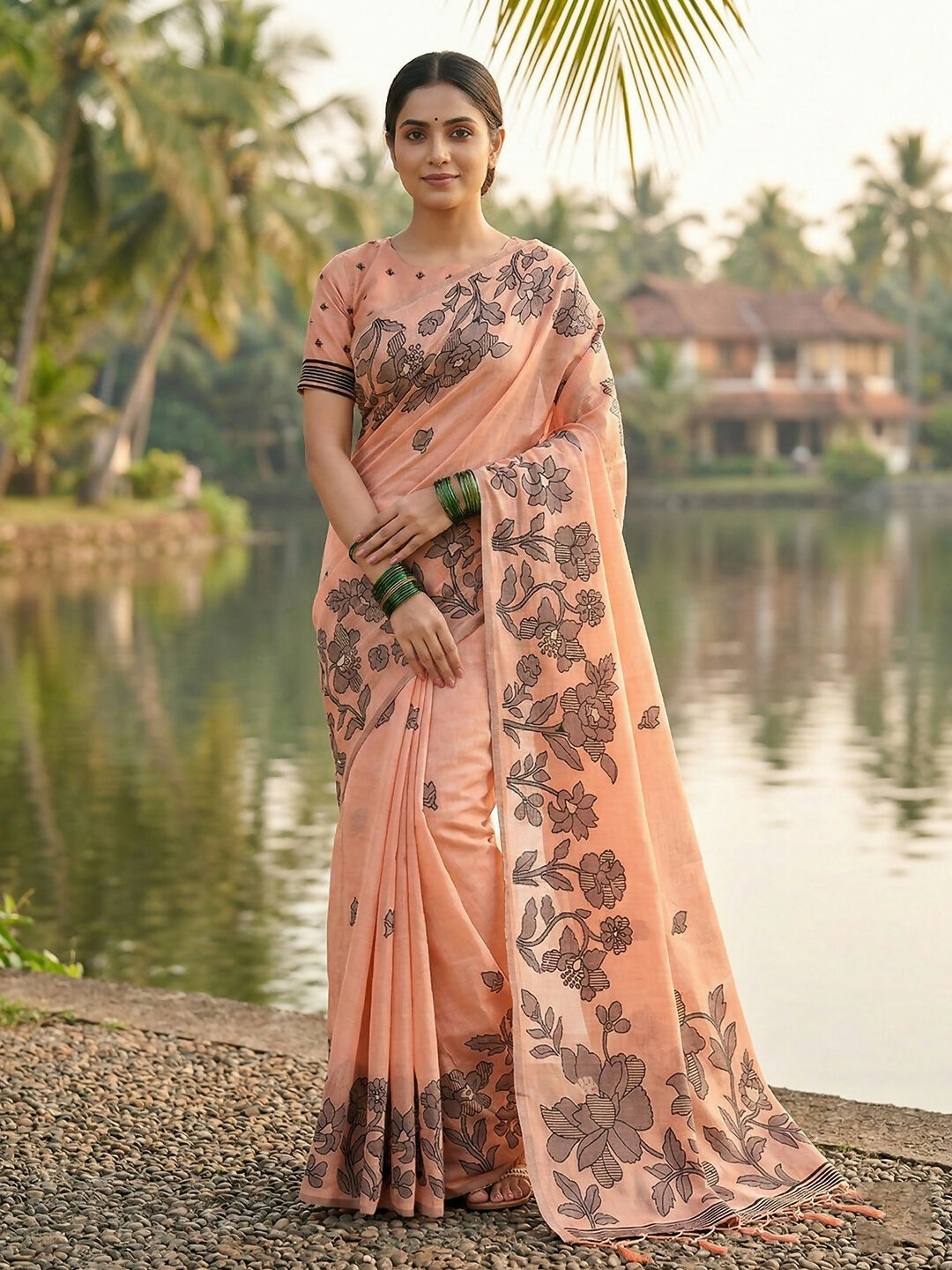 Shree Shyam Fashion Orange Linen Cotton Saree