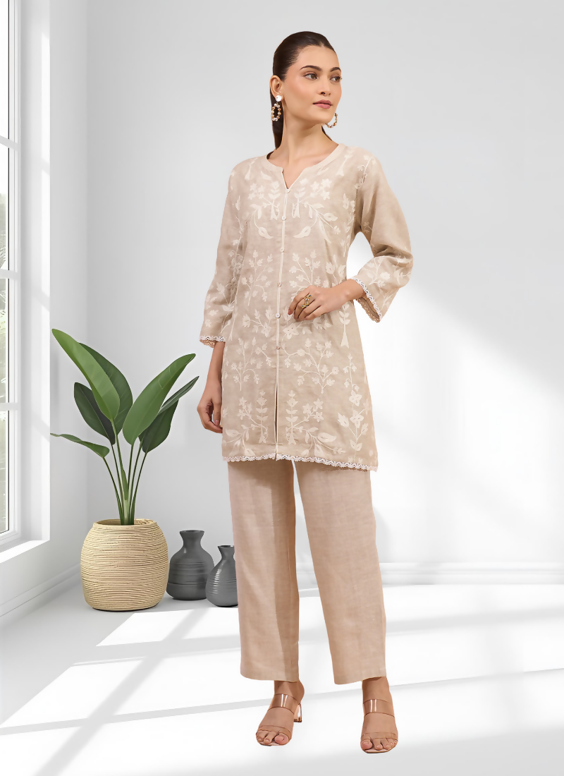 Joban Fashion Beige Linen Embroidered Readymade Cord Set