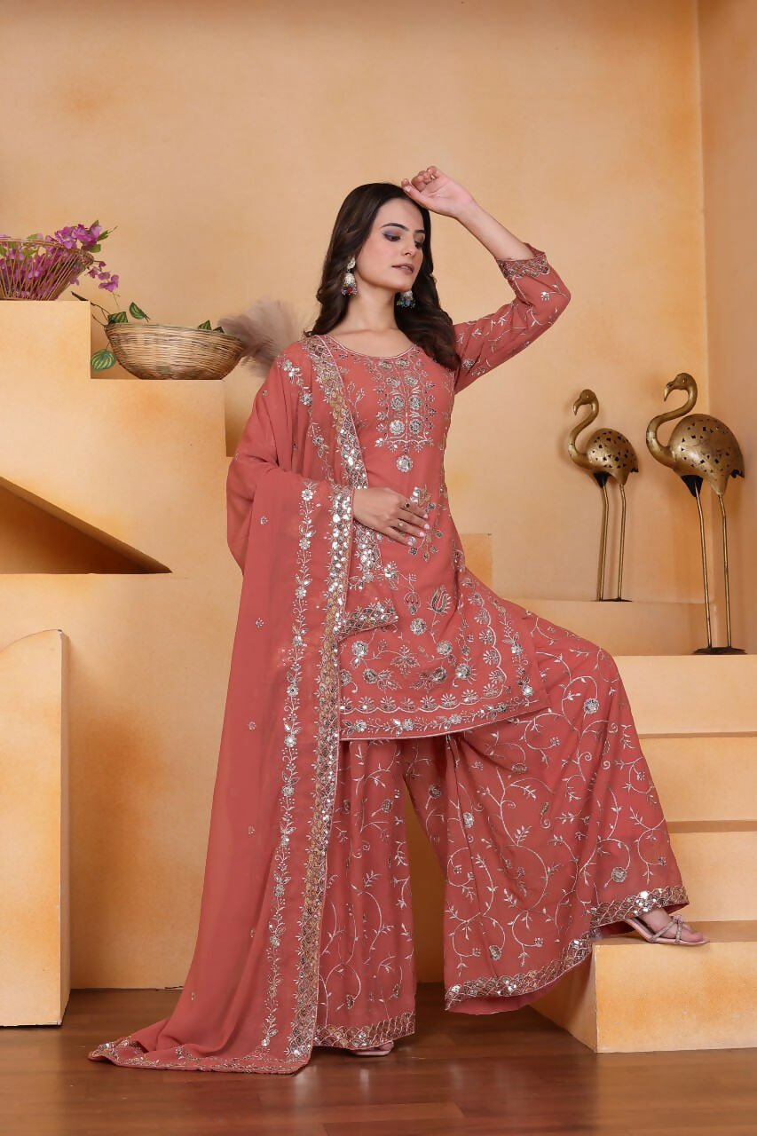 Teeya Creation Peach Color Faux Georgette Embroidery Work Wedding Wear Palazzo Set