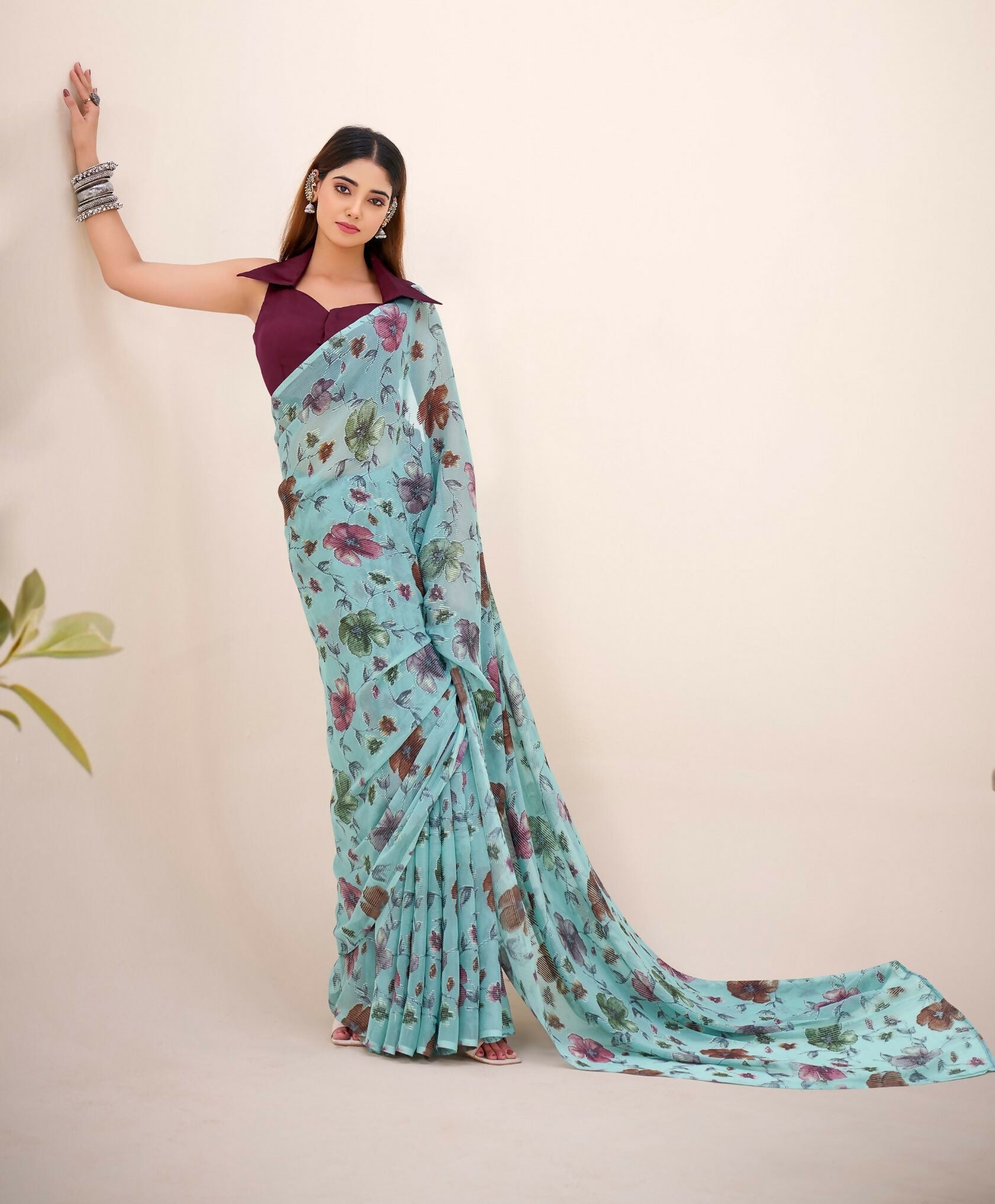 Vastranavya Sea Green Lurex Brasso Floral Printed Saree with Unstitched Blouse