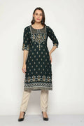 Maai Rayon Hand Printed Kurta Green