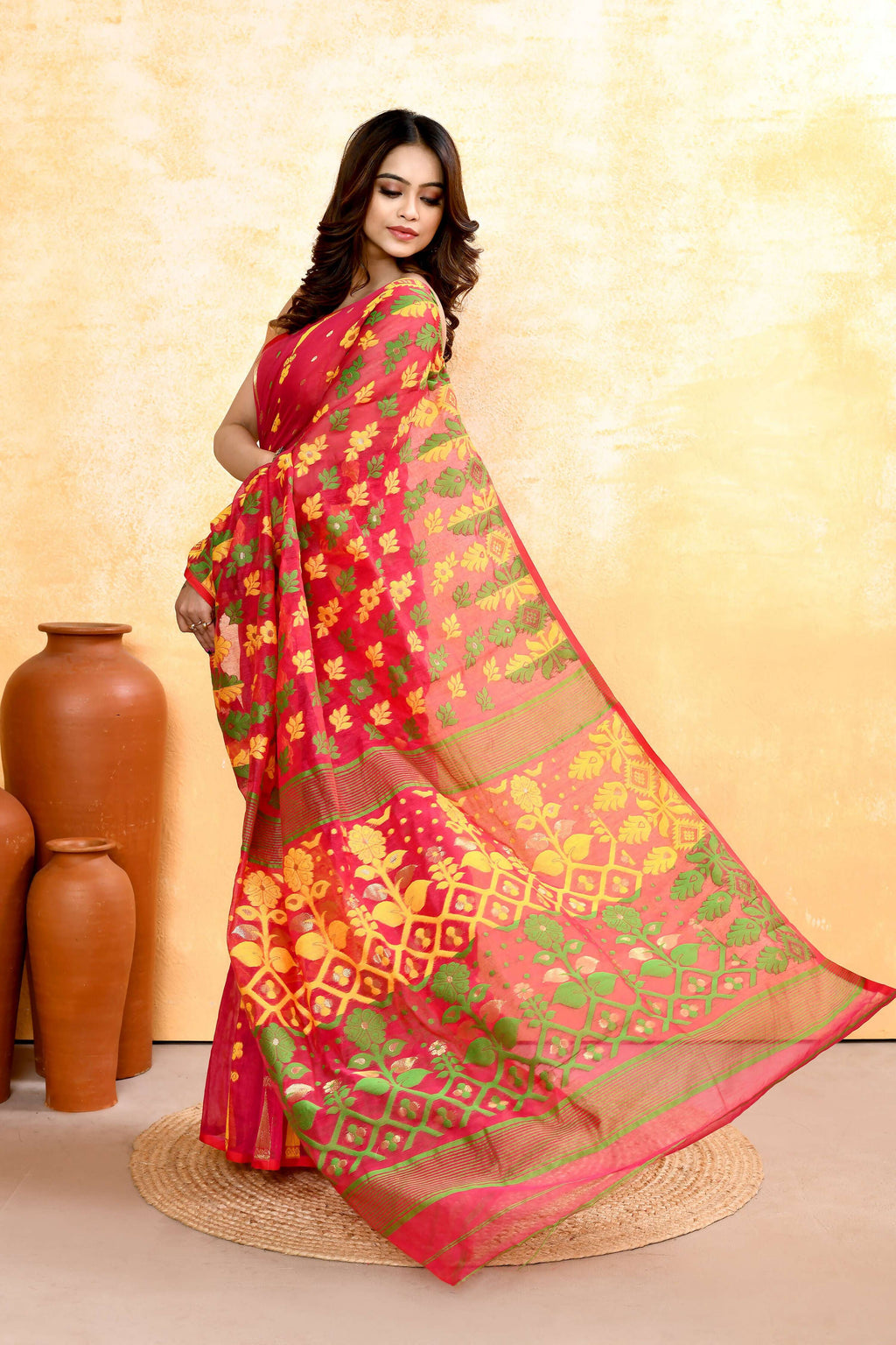 Piyari Fashion Women's Red Embellished Cotton Blend Jamdani Saree