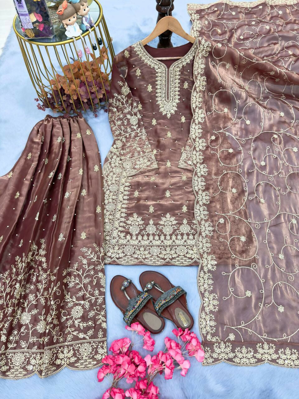 Teeya Creation Coffee Pure Silk Gimmy Silk Heavy Embroidery Work Wedding Wear Palazzo Pair