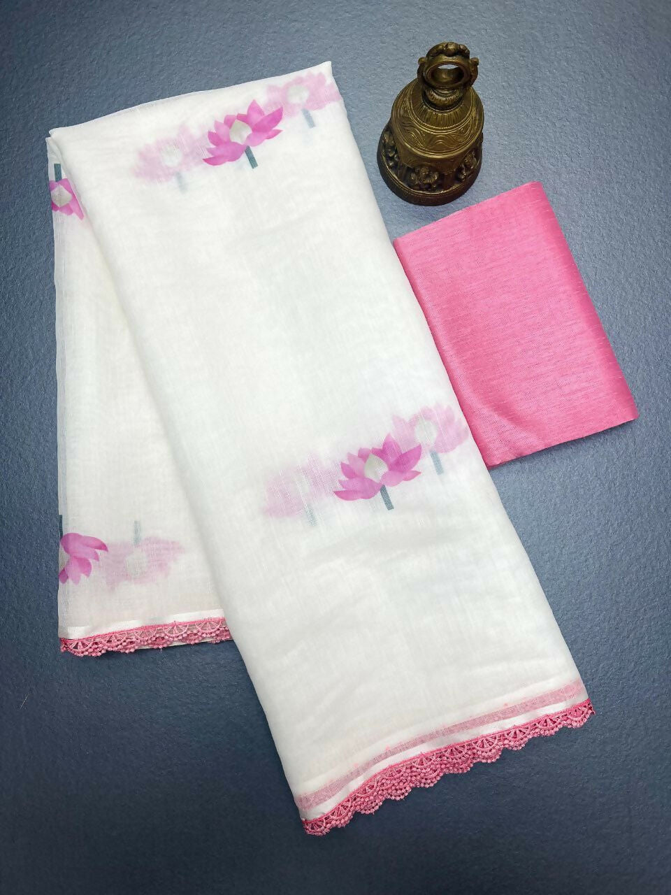 Prime Volt Women's Cream Floral Digital Print Soft Linen Saree With Lace Border & Blouse