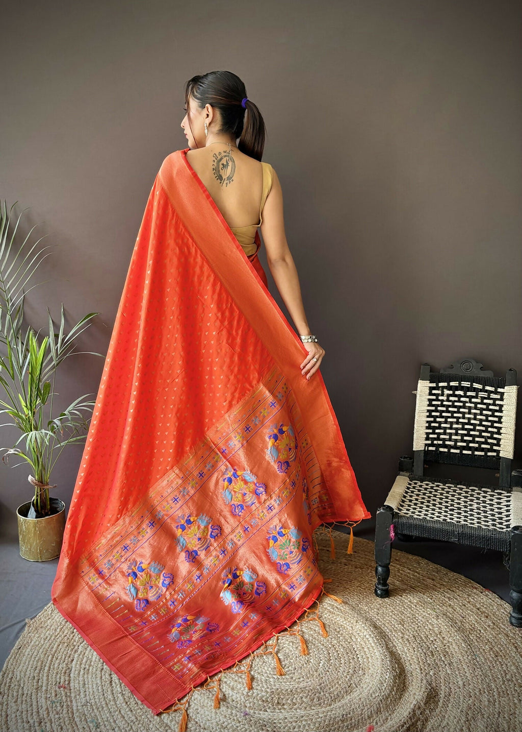 Joban Fashion Orange Jacquard Butti Soft Lichi Silk Paithani Saree