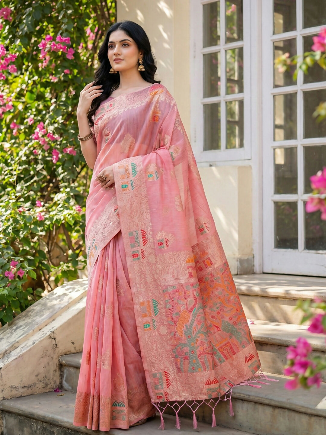 Shree Shyam Fashion Pink Linen Cotton Saree
