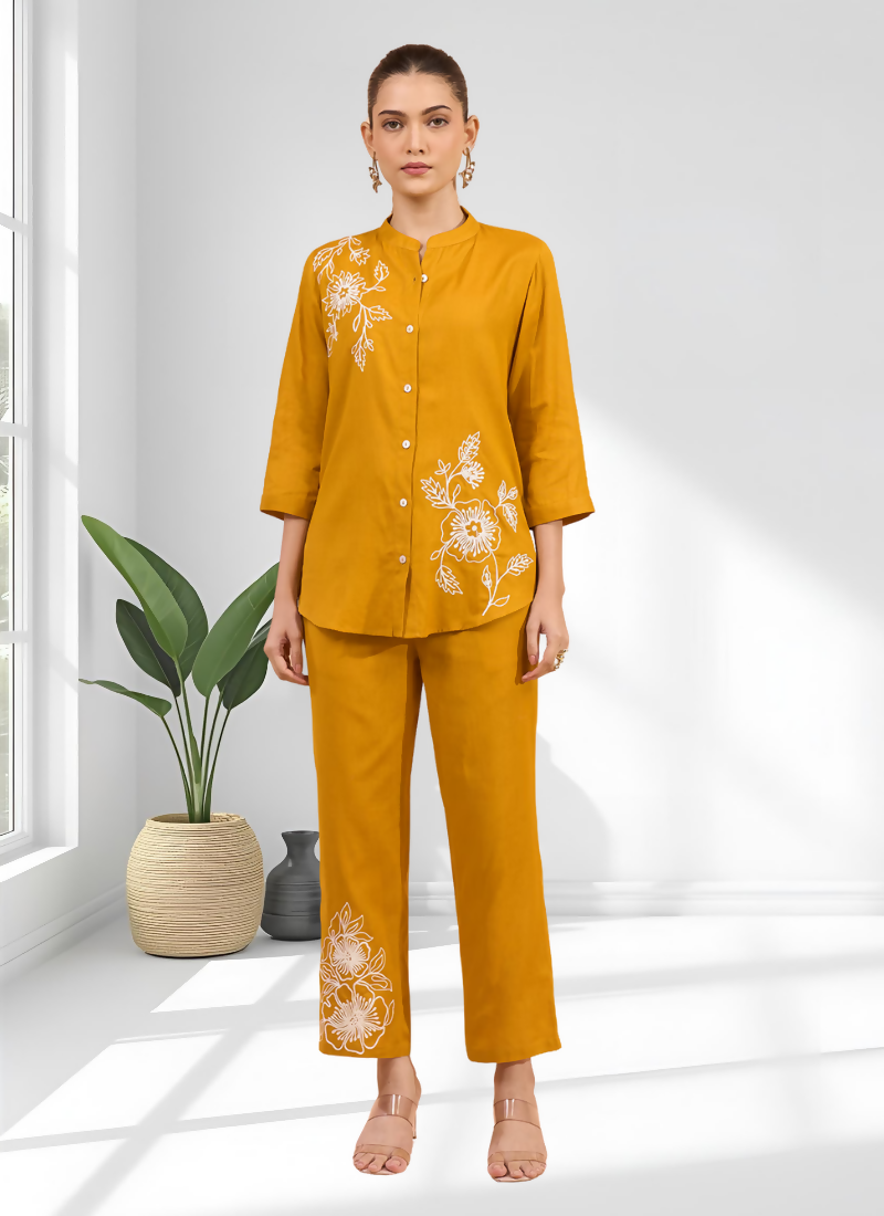 Joban Fashion Mustard Cotton, Linen Embroidered Readymade Cord Set