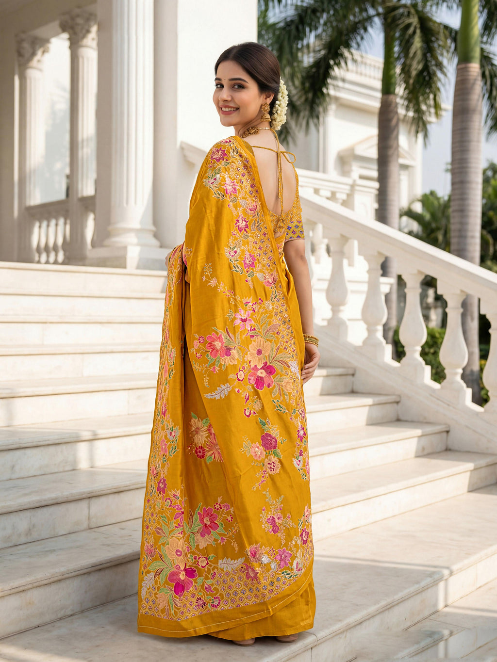 Aastha Fashion Mustard Premium Russian Silk Designer Floral Position Print Saree