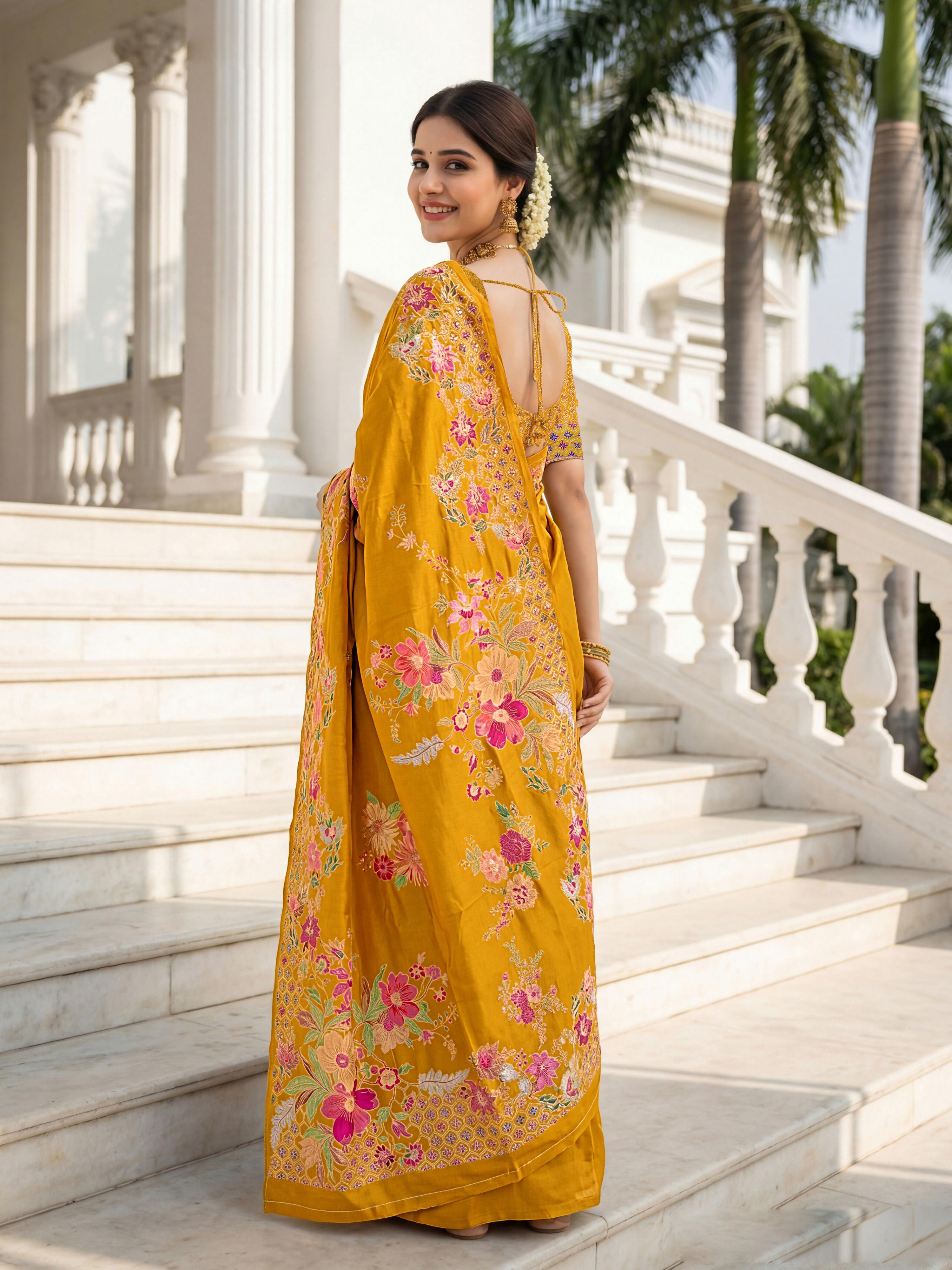 Aastha Fashion Mustard Premium Russian Silk Designer Floral Position Print Saree