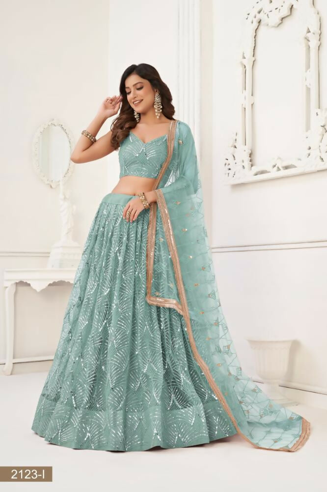 Aastha Fashion Ocean Blue Butterfly Net Tone To Tone Thread Work, Sequence Work And Original Mirror Work Embroidery Wedding Wear Lehenga Choli