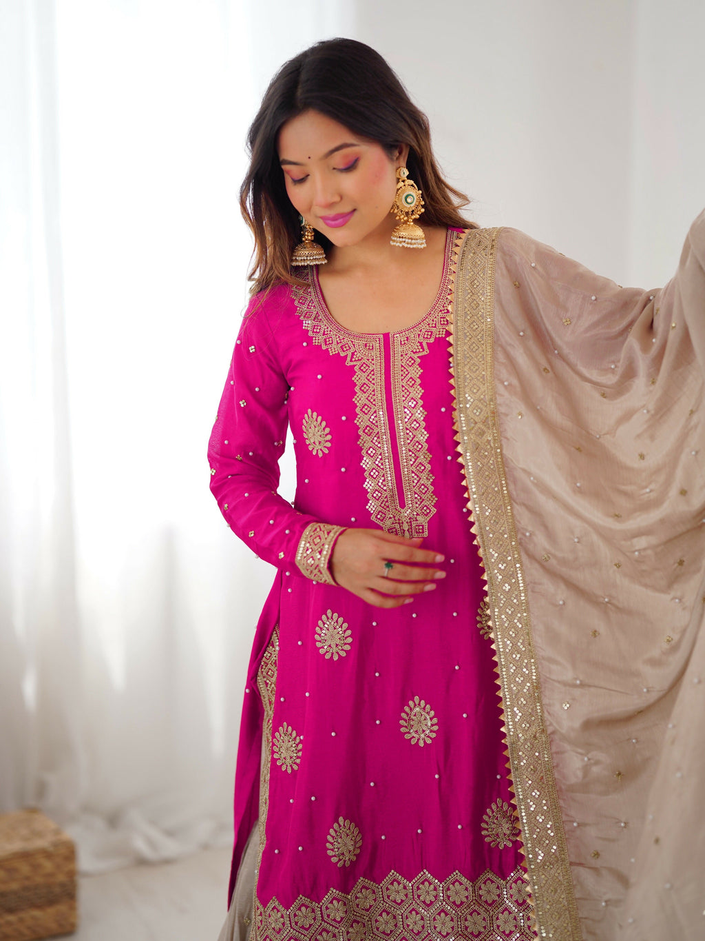 Lehenga Mart Designer Sharara Suit With Kurta, Sharara, Dupatta For Women-Pink