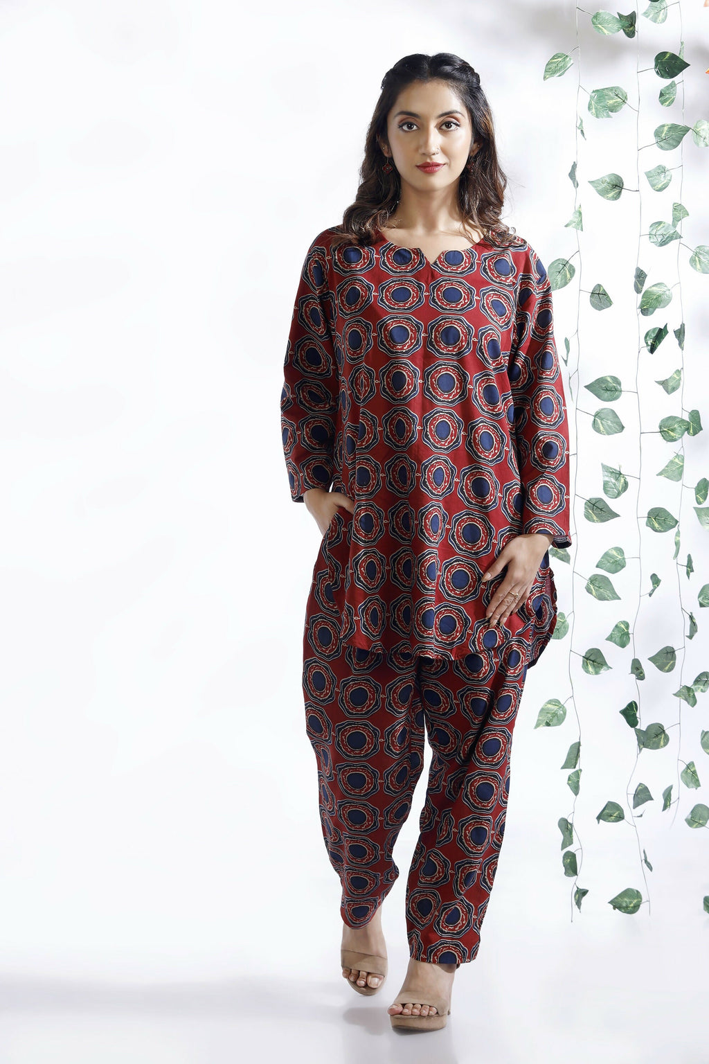 Breathables Abstract Cotton Co-Ord Set – Red
