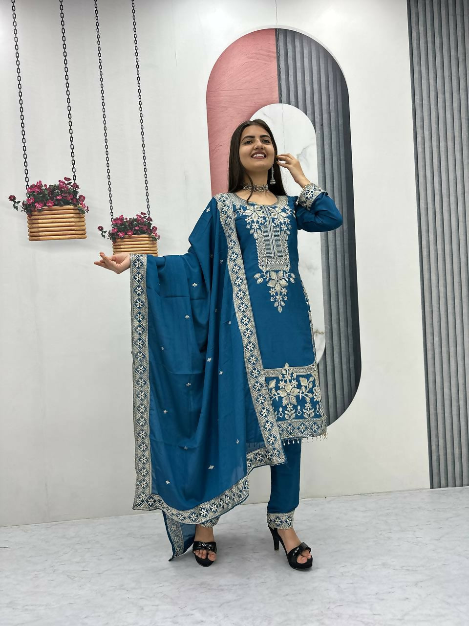 Teeya Creation Womens New Wedding Wear Heavy Embroidery Thread Work Teal Kurta Set