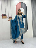 Teeya Creation Womens New Wedding Wear Heavy Embroidery Thread Work Teal Kurta Set