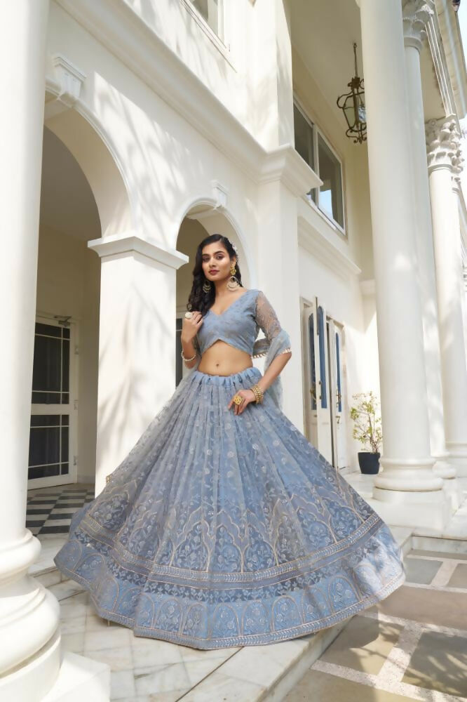 Aastha Fashion Light Blue Gray Butterfly Net Tone To Tone Cotton Thread Work And Sequence Work Embroidery Wedding Wear Lehenga Choli