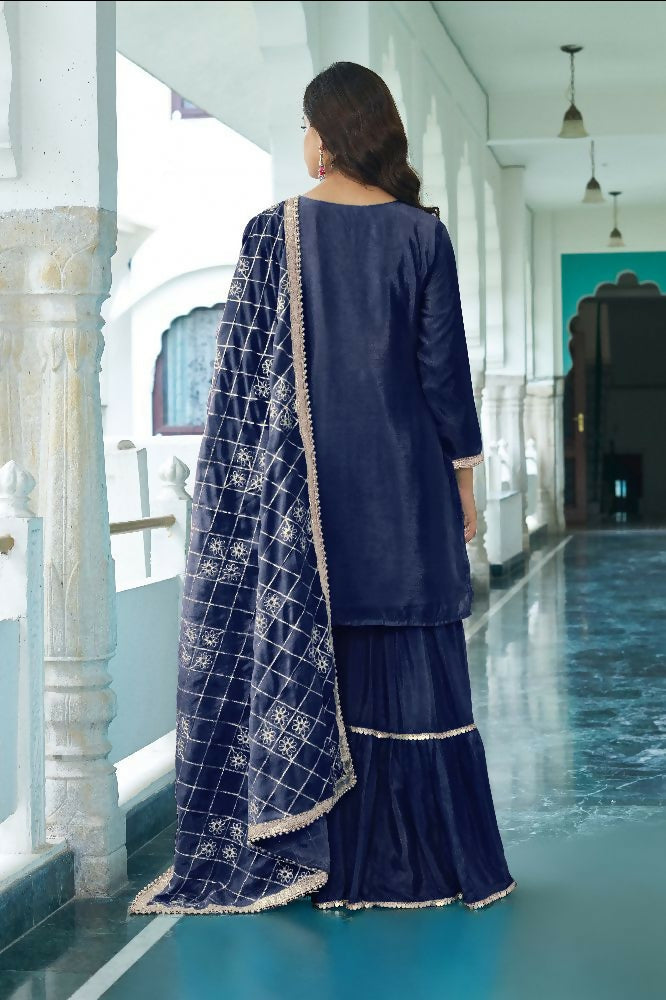 Teeya Creation Blue Colour Chinnon Silk Heavy Embroidery Work Fully Stitched Salwar Suit
