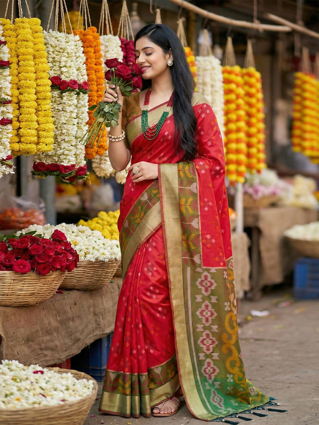 Shree Shyam Fashion Red Pochampally Silk Saree