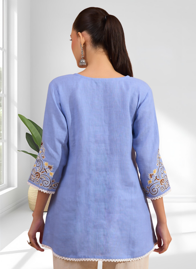 Joban Fashion Sky Blue Cotton, Linen Embroidered Readymade Tunic
