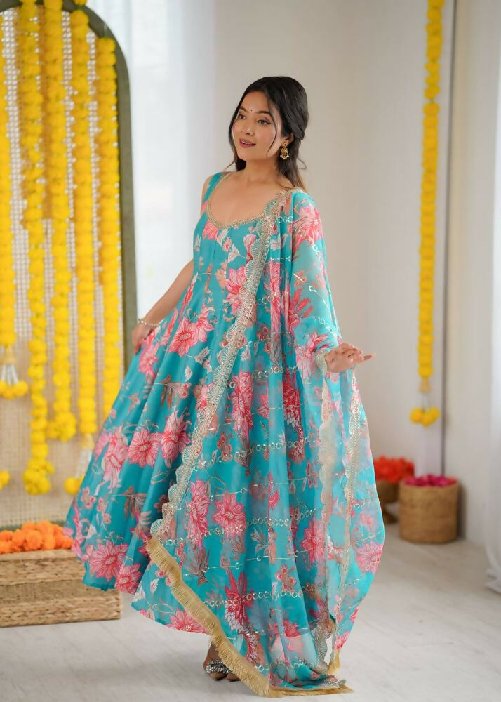 Teeya Creation Blue Pure Muslin Silk Digital Print Traditional Wear Long Gown