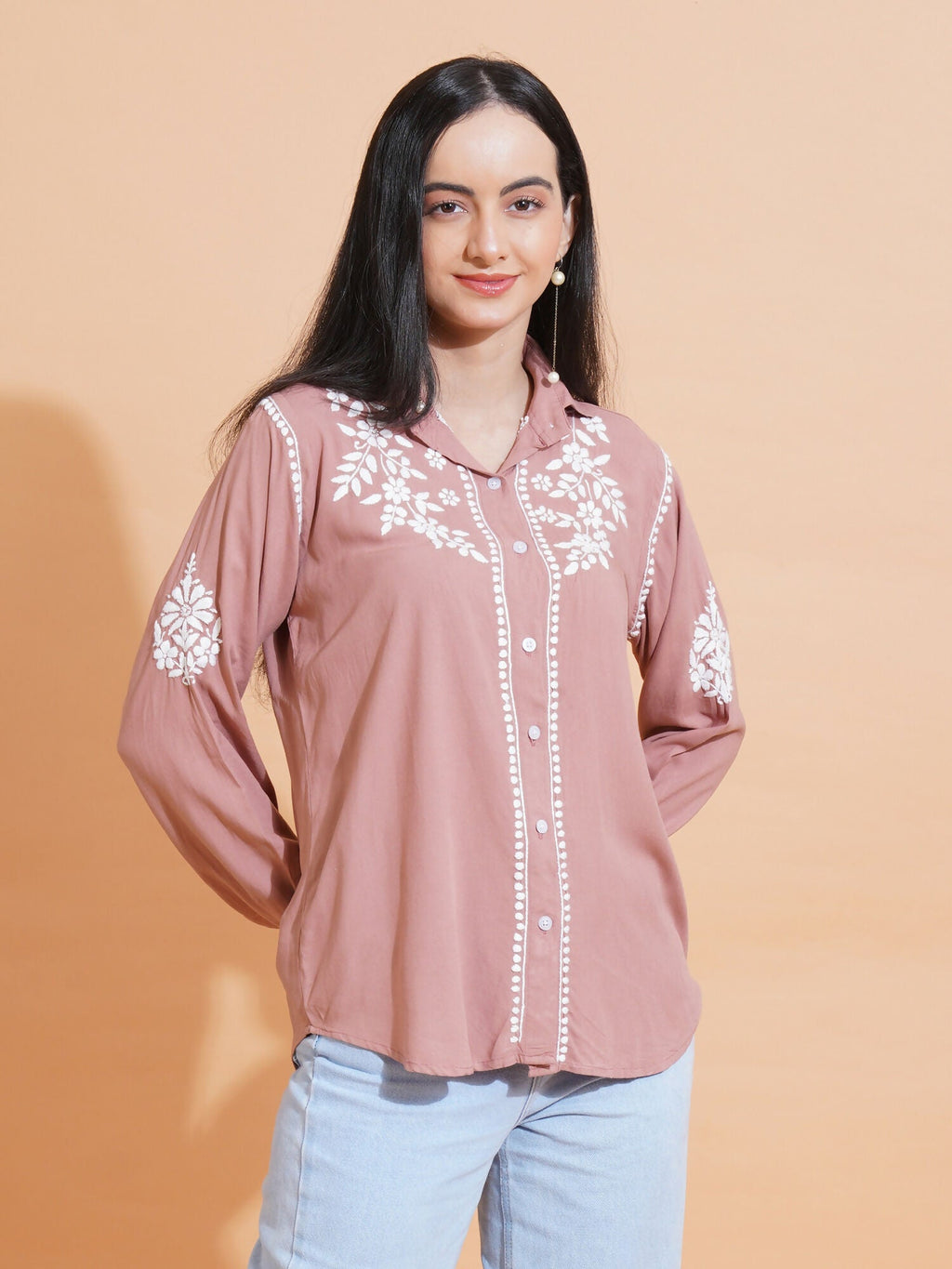 Pahnaz Modal Chikankari Handwork Shirt-Brown