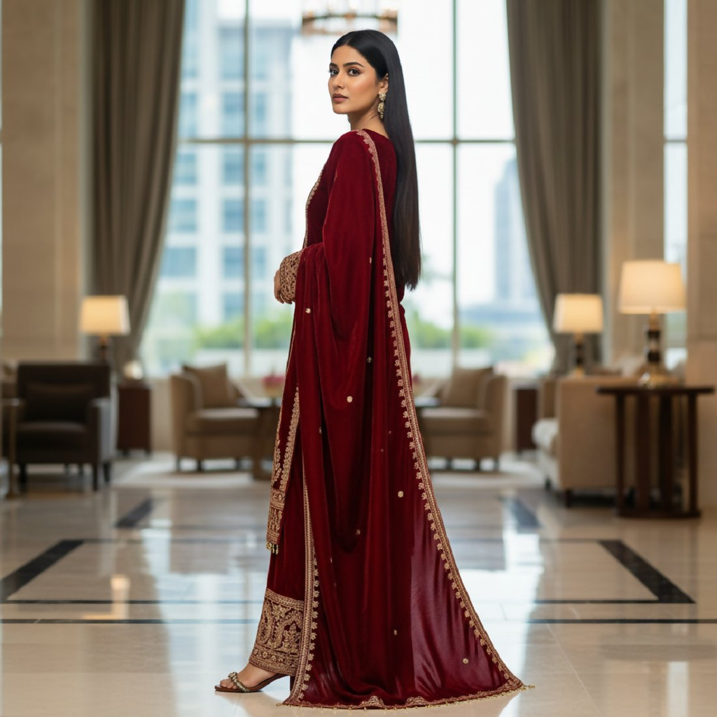 Joban Fashion Maroon Kurta Set Velvet Embroidery Sequence Work