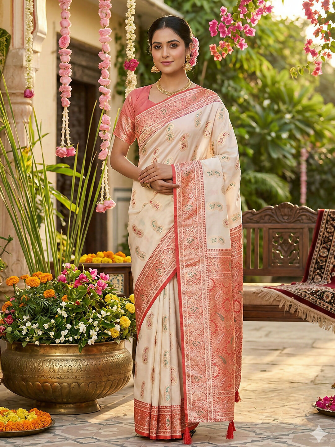 Shree Shyam Fashion White Silk Blend Saree