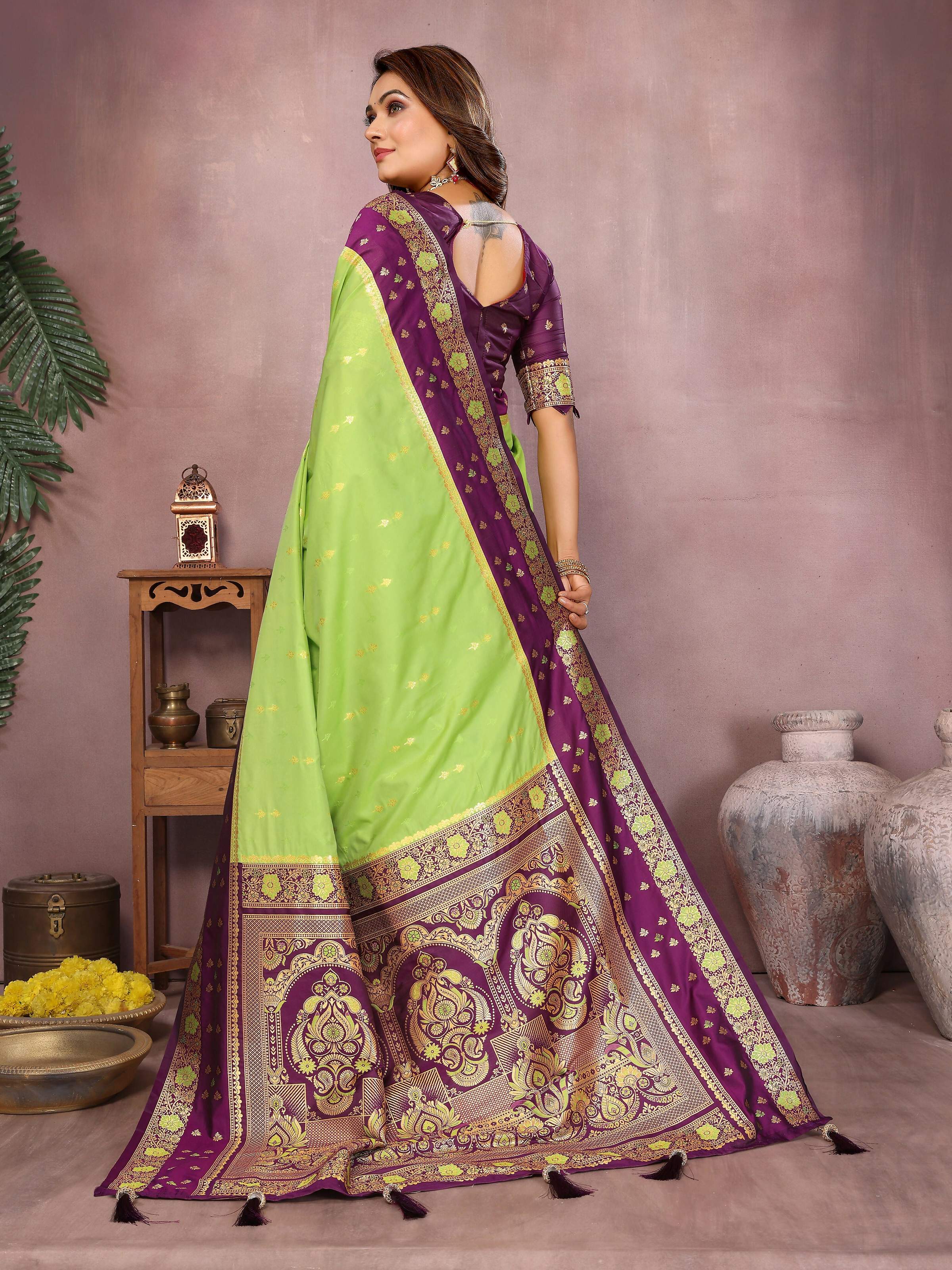 Aastha Fashion Parrot Green Kalamkari Silk Zari Woven Saree