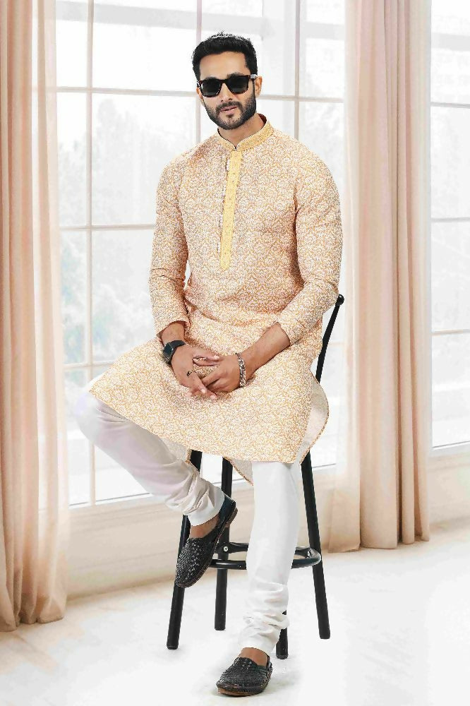 Raivat Ethnic Cotton Thread Work Kurta Pajama In Yellow Colour