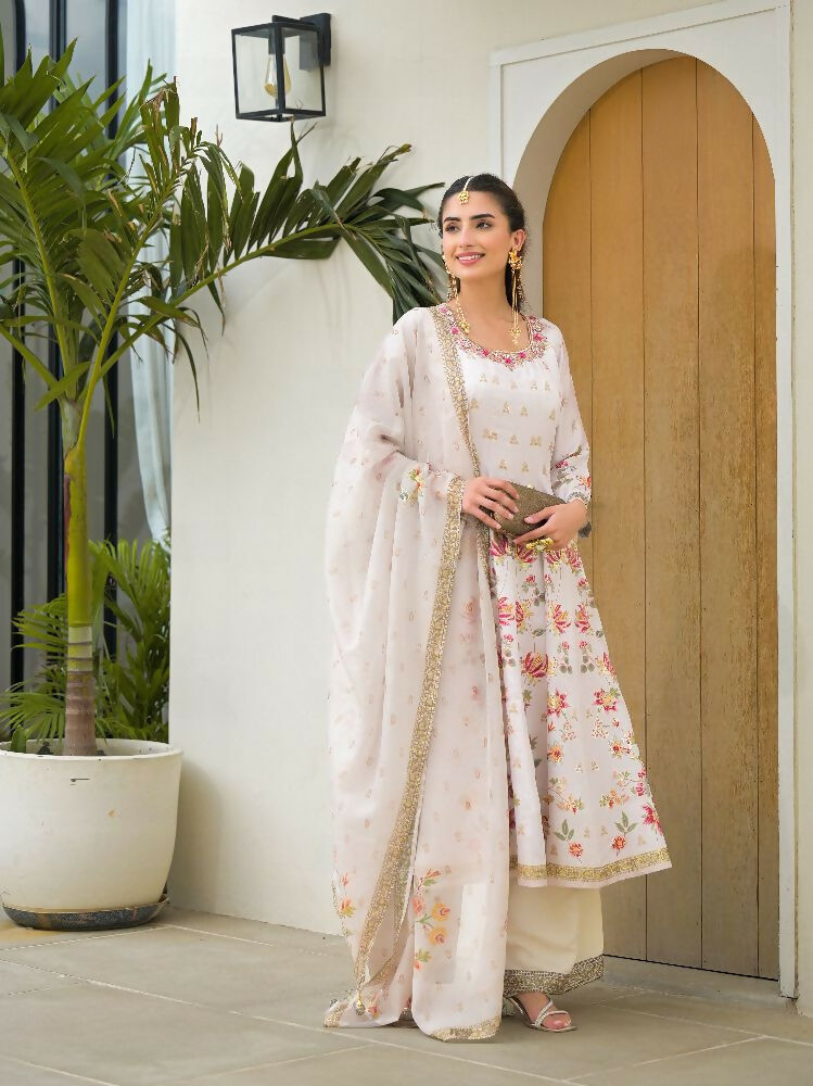 Functional Designer Off white Jam Silk Anarkali suit with Dupatta-Anbazaar