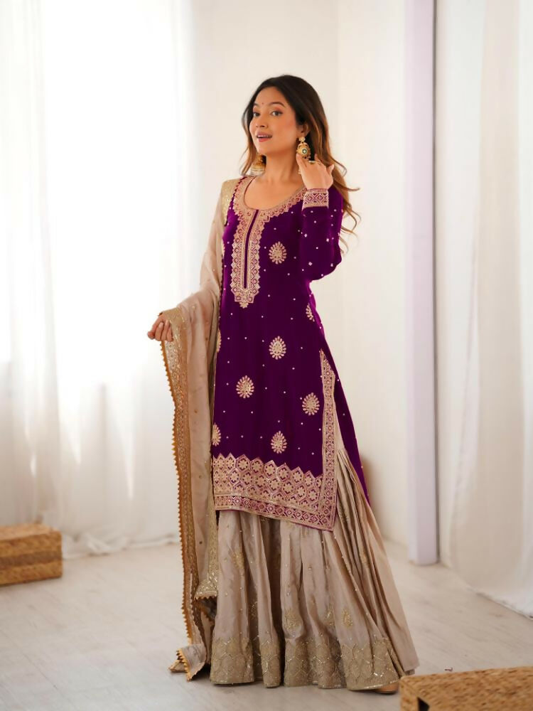 Lehenga Mart Designer Sharara Suit With Kurta, Sharara, Dupatta For Women-Wine