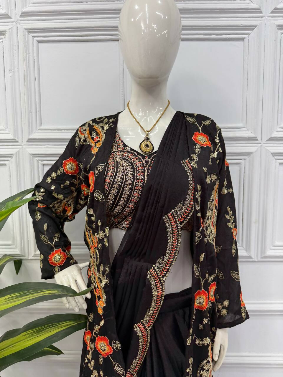 Teeya Creation Black Color Chinon Silk Designer Embroidery Work Ready To Wear Saree With Koti