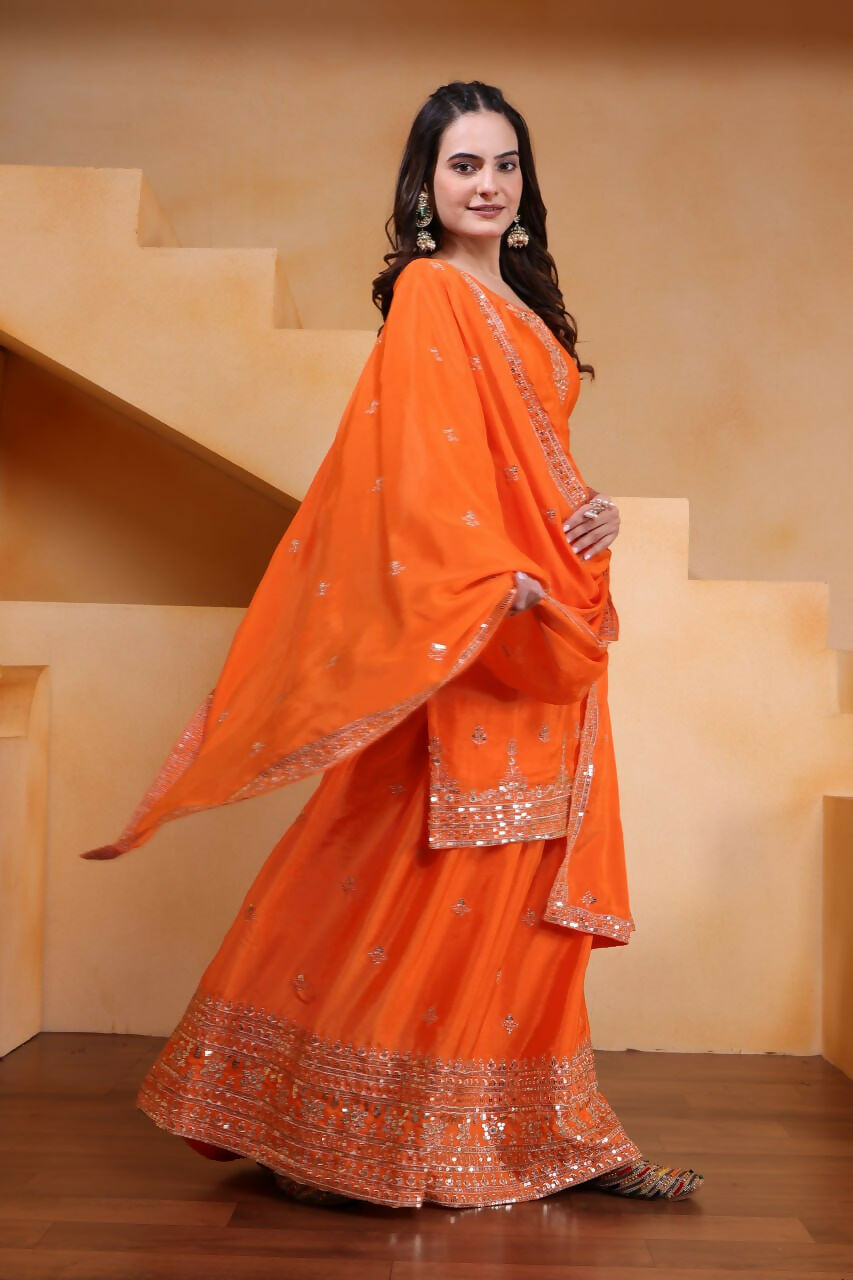 Joban Fashion Orange Silk Embroidered Sharara Set