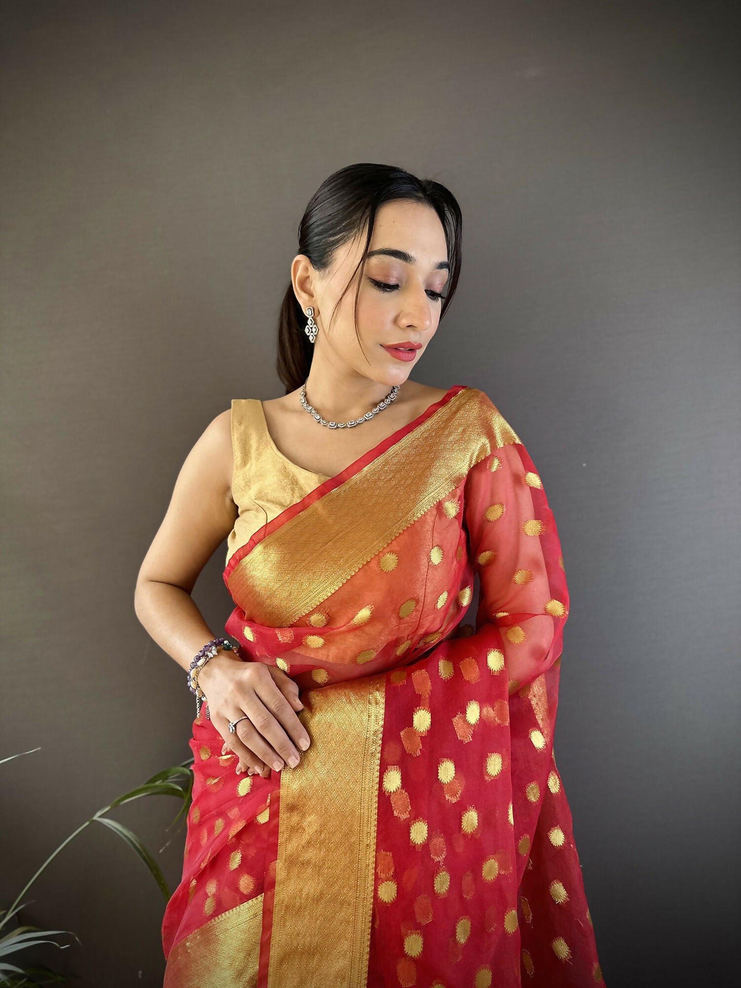 Joban Fashion Red Polka-Dot Zari Woven Organza Silk Banarasi Silk Saree