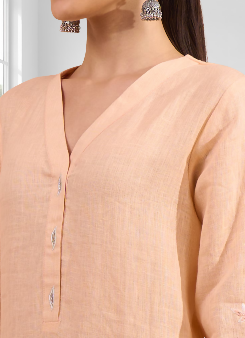 Joban Fashion Coral Linen Embroidered Readymade Long Kurta With Pant