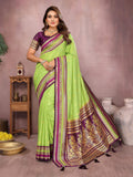 Aastha Fashion Parrot Green Kalamkari Silk Weaving Saree