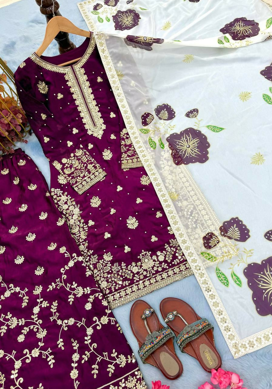 Teeya Creation Wine Fendy Silk Beads Work Designer Wedding Wear Salwar Suit