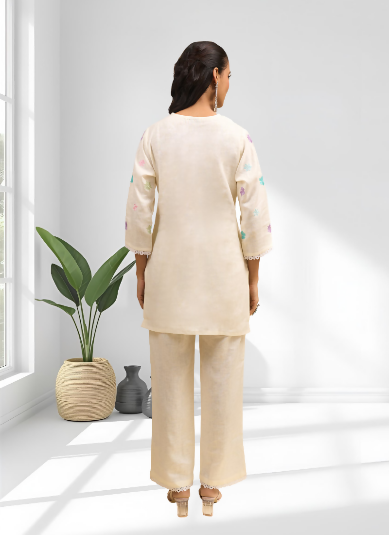 Joban Fashion Cream Linen Embroidered Readymade Cord Set