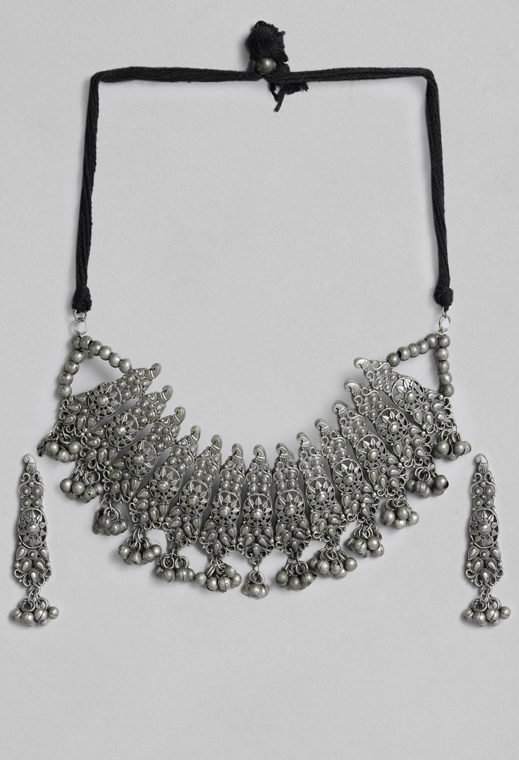 Mominos Fashion Johar Kamal Oxidised Silver-Plated Brass Finish Temple Jewellery with Earrings For Women