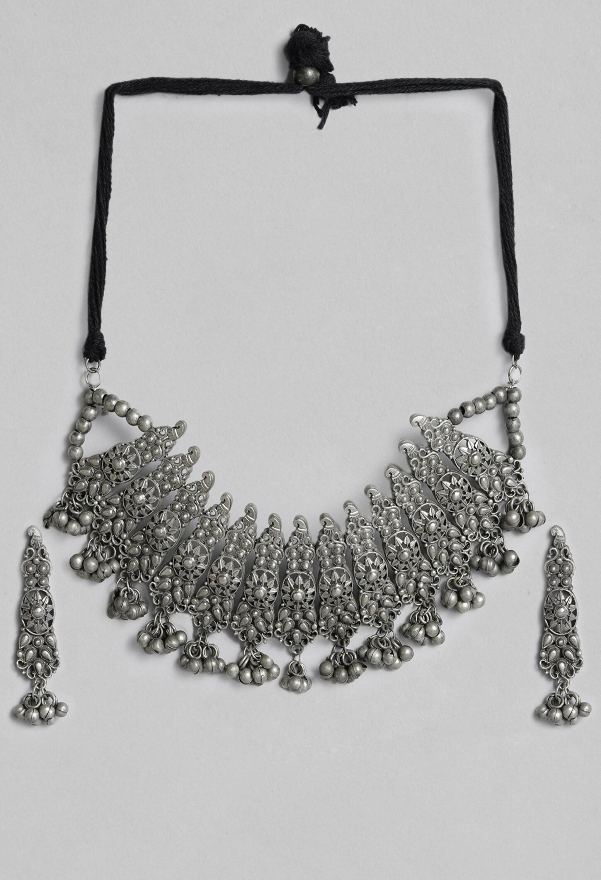 Mominos Fashion Johar Kamal Oxidised Silver-Plated Brass Finish Temple Jewellery with Earrings For Women