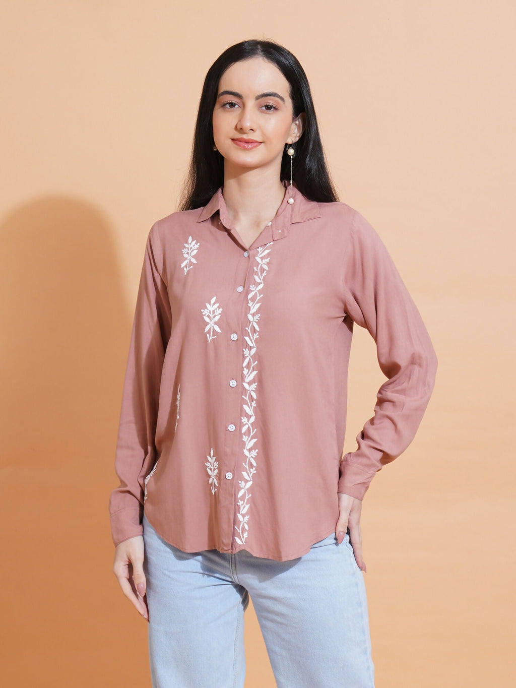 Pahnaz Modal Chikankari Handwork Shirt-Brown