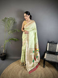 Joban Fashion Pista Green Peacock & Floral Motifs Soft Silk Kanchipuram Saree